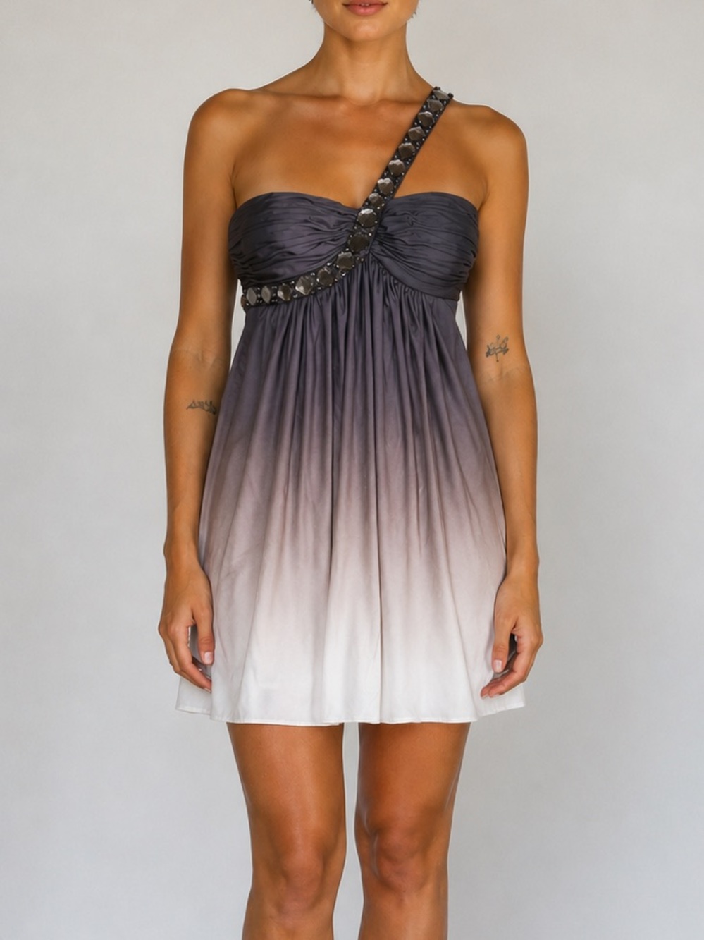 Cache Vintage Brown Ombre Beaded One Shoulder Mini Dress Size 2